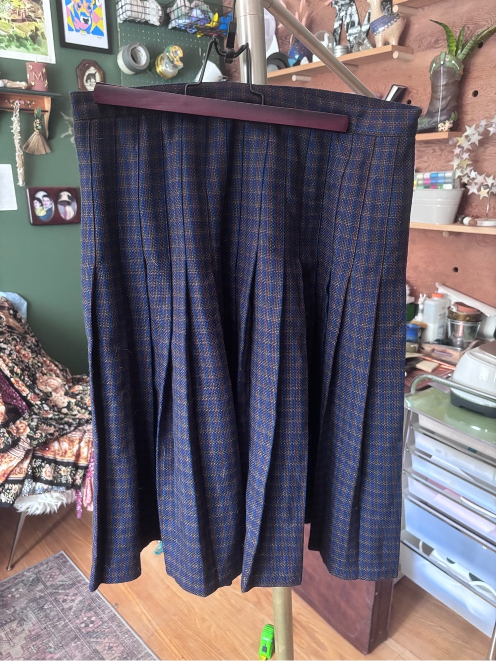 Classic Pleated Skirt in Navy and Brown Plaid